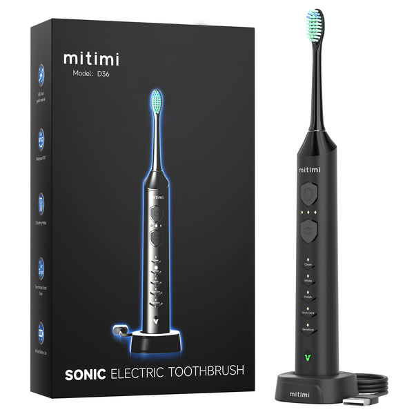 Mitimi D36 Sonic Electric Toothbrush for Adults and Kids, with 2 Brush Heads, Wireless Fast Charge, 5 Modes and 3 Intensities, 2 Minutes Built in Smart Timer, Black